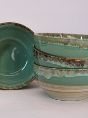 Bosmarlin Design & Quality Carribeane Green/Tan Ceramic Stoneware Soup Bowls x4
